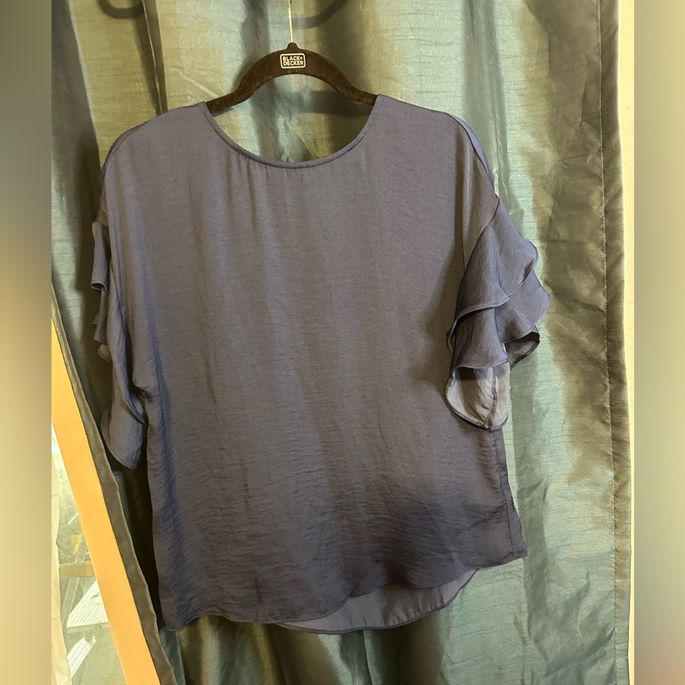 Naked Zebra Elegant Blue Ruffle Sleeve Top with Gold exposed Zip